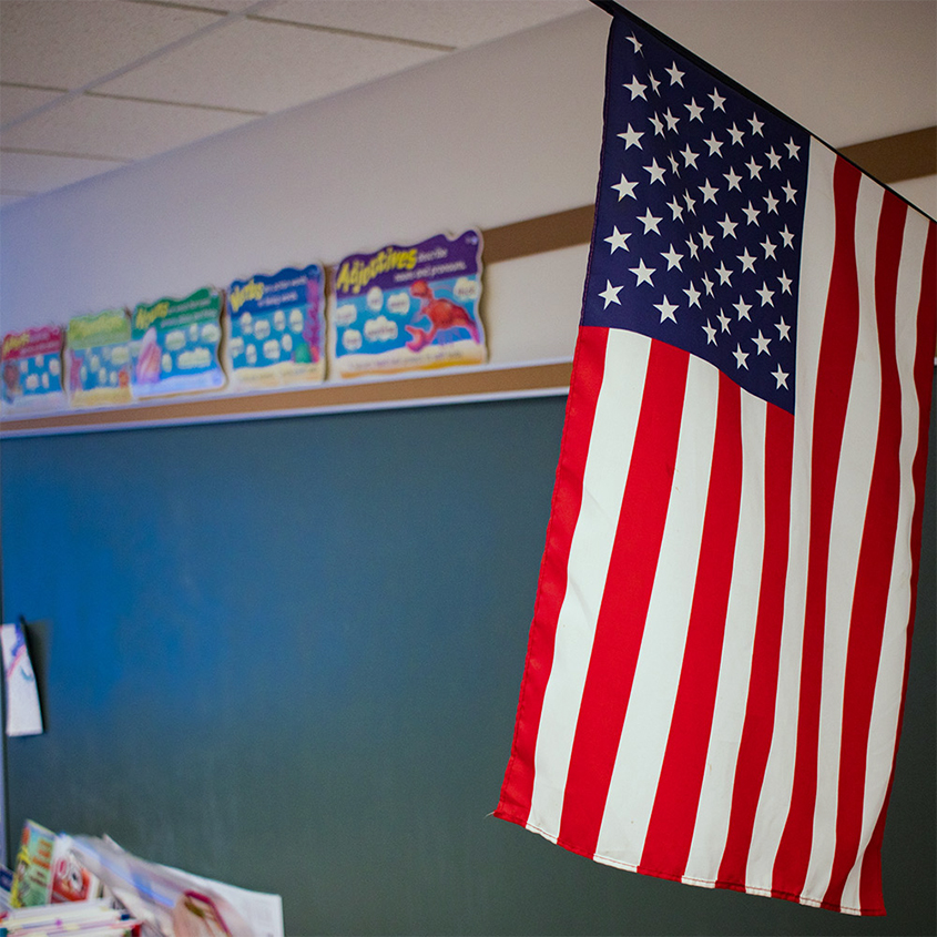 American flag in school classroom